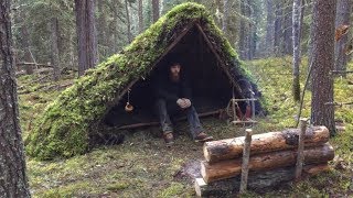 Winter Bushcraft Shelter Build  Overnight Camping Raised Bed Natural Shelter Fire Reflector [upl. by Yltsew]