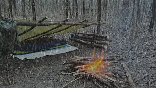 Bushcraft Camping in the Rain  Survival Shelter Build [upl. by Arihsa]