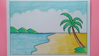 How To Draw A Sea Beach Scenery  Easy Drawing [upl. by Ecydnarb]