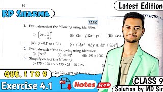 Ex 41 Q1 to Q9  RD Sharma Class 9  Chapter 4 Algebraic Identities  MD Sir 9 [upl. by Sebastian]