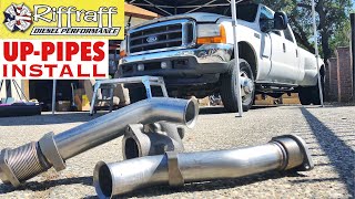 2001 F350 73  RiffRaff UpPipes Install  Stock up pipes leaking and falling apart JUNK SP [upl. by Nenney]