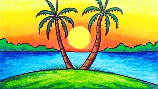 Scenery Drawing  Drawing Sunset Scenery Step by Step with Oil Pastels [upl. by Shanda]