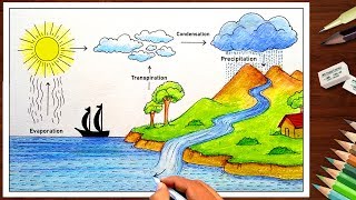 How to draw Water Cycle drawing for beginners  very easy  step by step diagram [upl. by Oca]